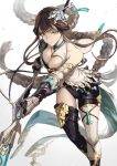  1girl armlet asymmetrical_clothes bangs bare_shoulders braid breasts brown_hair cleavage feb_itk granblue_fantasy green_eyes hair_ornament hairpin highres large_breasts long_hair looking_at_viewer polearm shura_(granblue_fantasy) simple_background solo spear thighhighs thighs twin_braids weapon 