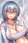  1girl akame_ga_kill! artist_name bandeau bangs between_breasts blue_eyes blue_hair blush breasts collarbone collared_shirt commentary crop_top curtain_grab curtains esdeath eyebrows_visible_through_hair frown hair_between_breasts hair_between_eyes highres kaptivate large_breasts long_hair looking_at_viewer navel open_clothes open_mouth open_shirt shirt solo stomach tattoo upper_body white_shirt 