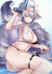  1girl animal_ears ass aviator_sunglasses azur_lane bikini black_choker breasts choker criss-cross_halter eyebrows_visible_through_hair eyewear_on_head fluffy fox_ears fox_girl fox_mask fox_tail gradient gradient_background hair_between_eyes halterneck highleg highleg_bikini highres john_manjirou_(love-love-happy21) large_breasts long_hair looking_at_viewer mask mask_on_head navel short_eyebrows sitting_on_water smile solo sunglasses swimsuit tail thick_eyebrows tosa_(azur_lane) tosa_(hometown_zest)_(azur_lane) two-tone_bikini 