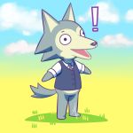  ! 1:1 2020 animal_crossing animealicia anthro beastars bottomless canid canine canis clothed clothing cloud featureless_crotch fur grey_body grey_fur hi_res legoshi_(beastars) mammal nintendo solo standing style_parody video_games wolf 