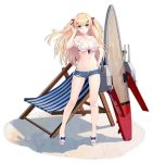 1girl allenes azur_lane bare_legs bare_shoulders beach_chair bikini bikini_under_clothes blonde_hair blue_eyes blue_shorts breasts cleavage criss-cross_halter denim denim_shorts front-tie_bikini front-tie_top frown hair_ornament hair_ribbon hairclip halter_top halterneck hand_on_hip hand_up large_breasts long_hair looking_at_viewer micro_shorts navel official_art ribbon sandals shorts solo standing stomach surfboard sussex_(azur_lane) sussex_(sunlit_tulips)_(azur_lane) swimsuit thighs torn_clothes torn_shorts transparent_background turret two_side_up white_bikini 