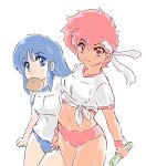  baozi baton blue_eyes blue_hair buruma crossed_legs dark_skin dirty_pair food food_in_mouth gym_uniform headband holding kei_(dirty_pair) midriff okuri_ookami oldschool red_eyes red_hair shirt tied_shirt white_background white_headband white_shirt yuri_(dirty_pair) 