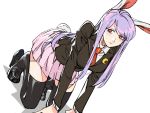  1girl all_fours animal_ears black_footwear black_legwear brown_jacket bunny_ears bunny_tail closed_mouth collared_shirt crescent crescent_moon_pin dutch_angle high_heels jacket long_hair long_sleeves looking_at_viewer necktie pink_skirt purple_hair red_eyes red_neckwear reisen_udongein_inaba ruukii_drift shirt shoes simple_background skirt solo tail thighhighs touhou white_background white_shirt wing_collar 