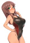  1girl absurdres alice_gear_aegis ayuayu_(shouyu_no_sato) black_swimsuit blush breasts brown_hair closed_mouth collarbone competition_swimsuit covered_navel cowboy_shot eyebrows_visible_through_hair green_eyes hand_on_hip highleg highleg_swimsuit highres kaneshiya_sitara large_breasts looking_at_viewer one-piece_swimsuit simple_background solo standing sweat swimsuit tan white_background 