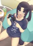  1girl bangs black_hair blue_eyes blue_shirt blush breasts collarbone controller dualshock fate/grand_order fate_(series) game_controller gamepad long_hair looking_at_viewer medium_breasts open_mouth p!nta parted_bangs shirt side_ponytail smile solo thick_eyebrows ushiwakamaru_(fate/grand_order) 