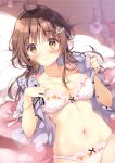  1girl absurdres ahoge bangs blush bra bracelet breasts brown_eyes brown_hair cleavage collarbone commentary_request floral_print frilled_pillow frills hair_ornament highres jewelry kokoa-chan_(pan_(mimi)) lace lace-trimmed_bra lace-trimmed_panties long_hair looking_at_viewer lying medium_breasts on_back open_clothes open_shirt original pan_(mimi) panties pillow print_bra print_panties purple_shirt ribbon shirt short_sleeves smile solo striped striped_ribbon underwear white_bra white_panties white_ribbon 