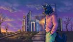  2020 bottomwear canid canine canis city clothing hand_in_pocket hi_res hoodie looking_at_viewer male mammal marjani pants pockets topwear wolf 