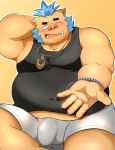  2020 anthro belly blush bottomwear brown_body brown_fur bulge clothing fur genital_outline gouryou hi_res humanoid_hands kaki_no_tane1 kemono male mammal one_eye_closed overweight overweight_male penis_outline shirt shorts simple_background sitting solo suid suina sus_(pig) tank_top tokyo_afterschool_summoners topwear video_games wild_boar wink 
