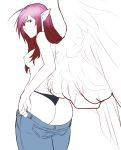  1girl angel_wings ass black_panties breasts brown_eyes brown_hair commentary cowboy_shot denim dressing english_commentary feathered_wings from_behind frown gradient_hair greyscale haohi_(less) highres jeans large_wings less looking_back medium_breasts monochrome multicolored_hair nipples original panties pants pink_hair pointy_ears simple_background solo spot_color topless underwear wings 