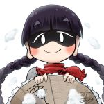  1girl ajirogasa avatar_icon bangs black_hair blunt_bangs blush braid capelet chamaji clothes_writing commentary dress earlobes eyebrows_visible_through_hair grey_dress hat holding holding_hat long_hair looking_at_viewer lowres red_capelet shaded_face signature smile snow solo touhou twin_braids upper_body white_background yatadera_narumi 
