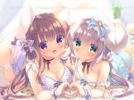  2girls :d :o animal_ears areola_slip areolae bare_shoulders blue_camisole blue_panties blush bow bow_panties breasts brown_eyes brown_hair bunny_ears camisole cleavage collarbone curtains day dog_ears dog_girl dog_tail dress frilled_panties frills green_eyes grey_hair heart heart_hands heart_hands_duo indoors legs_up long_hair lying medium_breasts multiple_girls on_stomach open_mouth original panties parted_lips purple_camisole purple_panties sleeveless sleeveless_dress small_breasts smile sunlight tail thighhighs underwear very_long_hair white_legwear window wrist_cuffs yukie_(peach_candy) 