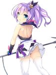  1girl ass azur_lane backless_dress backless_outfit bangs bare_shoulders black_gloves black_ribbon blush crown dress elbow_gloves eyebrows_visible_through_hair gloves green_eyes hair_between_eyes hair_ornament hair_ribbon high_ponytail highres holding javelin javelin_(azur_lane) looking_at_viewer looking_back mini_crown ochinsama panties parted_lips partly_fingerless_gloves ponytail purple_hair ribbon simple_background solo standing thighhighs tilted_headwear underwear white_background white_dress white_legwear white_panties 