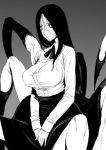  1girl black_hair black_ribbon black_skirt breasts chainsaw_man expressionless hands_together highres huge_breasts image_sample insect_girl large_breasts long_hair monster_girl multiple_legs nakamura_regura prinz_(chainsaw_man) ribbon shirt skirt solo spider_girl twitter_sample white_shirt 