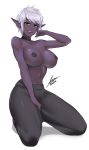  2020 absurd_res airisubaka bottomwear breasts choker clothed clothing dark_elf elf female green_eyes grey_hair hair hi_res humanoid humanoid_pointy_ears jewelry kneeling necklace nipple_piercing nipples not_furry pants piercing purple_body purple_skin simple_background solo topless white_background 