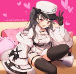  1girl azur_lane black_hair black_legwear blush breasts coat coat_dress eyebrows_visible_through_hair fur_trim gloves honda_tamanosuke long_hair looking_at_viewer open_mouth padded_coat pamiat_merkuria_(azur_lane) pink_eyes russian_clothes solo thighhighs white_coat 