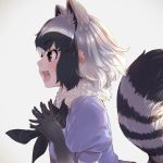  1girl :d animal_ears black_hair bow bowtie brown_eyes commentary_request common_raccoon_(kemono_friends) elbow_gloves extra_ears fangs from_side fur_collar gloves grey_hair hands_up kemono_friends lips looking_afar medium_hair open_mouth own_hands_together profile puffy_short_sleeves puffy_sleeves raccoon_ears raccoon_tail shiny shiny_hair short_sleeve_sweater short_sleeves sidelocks smile solo sweater tail takami_masahiro upper_body white_hair 
