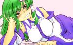  arm_support asymmetrical_hair bare_shoulders blue_skirt blush breasts collared_shirt detached_sleeves dokutaa_hakase green_eyes green_hair grin hair_ornament hair_tubes hand_in_hair kochiya_sanae large_breasts long_hair long_skirt looking_at_viewer lying nontraditional_miko on_side shirt simple_background skirt sleeveless sleeveless_shirt smile snake_hair_ornament touhou 