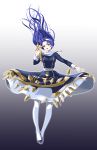  1girl armor armored_dress black_footwear blue_eyes blue_hair breasts chaesu dress floating_hair full_body hairband highres holding holding_sword holding_weapon long_hair medium_breasts orie_(under_night_in-birth) rapier solo sword taut_clothes taut_dress under_night_in-birth weapon white_hairband white_legwear 