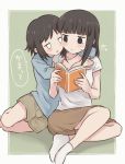  2girls bernard-jou_iwaku. blue_shirt book casual commentary_request green_background hug hug_from_behind jitome kanbayashi_shiori machida_sawako meis_(terameisu) multiple_girls no_shoes open_book reading shirt shorts skirt t-shirt translation_request white_legwear white_shirt 