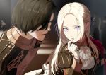  1boy 1girl black_coat black_hair bow capelet coat commentary_request edelgard_von_hresvelg eyebrows_visible_through_hair eyelashes finger_to_mouth fire_emblem fire_emblem:_three_houses forehead garreg_mach_monastery_uniform gloves hair_bow hair_over_one_eye hair_ribbon hubert_von_vestra lips long_hair long_sleeves looking_at_another mueririko open_mouth parted_lips purple_bow purple_eyes purple_ribbon red_capelet ribbon short_hair uniform white_gloves white_hair 