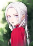  1girl black_coat bow breasts capelet coat commentary_request edelgard_von_hresvelg eyelashes fire_emblem fire_emblem:_three_houses forehead garreg_mach_monastery_uniform gloves hair_bow hair_ribbon hand_in_hair leaf lips long_hair looking_at_viewer mueririko open_mouth parted_lips plant purple_bow purple_eyes purple_ribbon red_capelet ribbon solo uniform white_gloves white_hair 