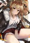  1girl animal_ears arknights bare_legs black_jacket black_nails blonde_hair breasts cleavage closed_mouth commentary eyebrows_visible_through_hair fur-trimmed_jacket fur_trim grey_background highres jacket kyoro_ina large_breasts leather leather_jacket lion lion_ears lion_tail long_hair long_sleeves looking_at_viewer nail_polish open_clothes open_jacket over_shoulder ponytail red_shorts short_shorts shorts siege_(arknights) simple_background sledgehammer smile solo tail tank_top thighs weapon weapon_over_shoulder white_background white_tank_top yellow_eyes 