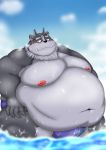  2020 anthro belly black_nose blush bulge burenai clothing hi_res humanoid_hands kemono male moobs nipples obese outside overweight overweight_male solo swimwear tokyo_afterschool_summoners tsathoggua video_games water wet 