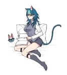  1boy 1girl alternate_costume animal_ears bar_censor black-framed_eyewear blue_eyes blue_hair book breasts byleth_(fire_emblem) byleth_(fire_emblem)_(female) cat_ears cat_tail censored clovisxvii collared_shirt commentary cosplay doubutsu_no_mori fire_emblem fire_emblem:_three_houses full_body glasses green_eyes green_hair grey_legwear grey_shorts grey_vest heterochromia highres jack_(doubutsu_no_mori) jack_(doubutsu_no_mori)_(cosplay) kemonomimi_mode long_hair long_sleeves looking_at_viewer medium_breasts multicolored_hair necktie parody parted_lips pillow purple_neckwear shirt short_shorts shorts simple_background sitting socks streaked_hair tail thighs two-tone_hair vest white_background white_shirt wing_collar 