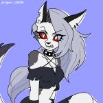  1:1 2020 anthro apariciocasey black_nose blue_background breasts canid canid_demon canine clothing collar coller demon ear_piercing eyelashes female fur grey_body grey_fur hair hellhound helluva_boss hi_res loona_(vivzmind) loong_hair mammal piercing red_sclera sharp_teeth signature simple_background small_breasts solo spiked_collar spikes teeth white_body white_eyes white_fur 