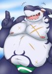  2020 anthro belly bulge burenai clothing eyes_closed fish hi_res humanoid_hands kemono male marine moobs navel nipples overweight overweight_male shark skar solo swimwear tokyo_afterschool_summoners typhon video_games 