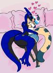  ambiguous_gender anthro bed blue_body blue_eyes blush bottomwear clothed clothing collar cremacat crop_top cuddling digital_drawing_(artwork) digital_media_(artwork) duo felid female fishnet fishnet_legwear flat_colors fully_clothed fur furniture girly hair hi_res hotpants jaguar justin_the_synth kissing leggings legwear lying male mammal multicolored_hair nude pantherine rainbow_hair shirt shorts simple_background spots spotted_body spotted_fur synth topwear yellow_body yellow_fur 