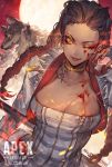  1girl ;) animal apex_legends black_hair braid breasts brown_hair character_name cleavage closed_mouth collarbone commentary_request copyright_name cropped_jacket dark_skin earrings eyelashes facepaint facial_mark fingernails forehead full_moon gradient gradient_hair highres holding holding_spear holding_weapon jacket jewelry loba_(apex_legends) long_hair long_sleeves looking_at_viewer medium_breasts mizutama_(mao11260510) moon multicolored_hair nail_polish neck_tattoo necklace one_eye_closed polearm red_hair red_nails skindentation smile solo spear tattoo twin_braids twitter_username weapon white_jacket wolf yellow_eyes 