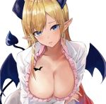  1girl bangs black_wings blonde_hair blue_eyes breasts cleavage collarbone collared_shirt demon_girl demon_horns demon_tail demon_wings eyebrows_visible_through_hair frilled_shirt frills highres hololive horns konkito labcoat large_breasts long_hair long_sleeves looking_at_viewer parted_bangs pink_shirt pointy_ears shirt simple_background solo tail very_long_hair virtual_youtuber white_background wings yuzuki_choco 