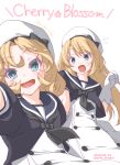  2girls bangs black_neckwear blonde_hair blue_eyes blue_sailor_collar cowboy_shot dated dragging dress el_(canon_jihad) gloves hat janus_(kantai_collection) jervis_(kantai_collection) kantai_collection long_hair looking_at_viewer multiple_girls open_mouth parted_bangs sailor_collar sailor_dress sailor_hat short_hair short_sleeves simple_background twitter_username upper_body white_background white_dress white_gloves white_headwear 