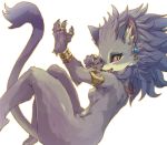  anthro belladonna_(trials_of_mana) black_sclera breasts claws ear_piercing ear_ring featureless_breasts felid feline female fur gem hi_res inner_ear_fluff jewelry kolshica looking_at_viewer mammal mana_(series) mane nude open_mouth piercing purple_body purple_fur simple_background solo square_enix tail_tuft trials_of_mana tuft video_games white_background 