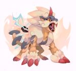  claws commentary creature electricity english_commentary fangs full_body fusion gen_2_pokemon gen_5_pokemon horn legendary_pokemon no_humans pokemon pokemon_(creature) raikou salanchu signature simple_background solo standing thundurus thundurus_(therian) white_background 