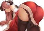  1girl absurdres all_fours ass black_legwear blue_eyes blush braid breasts christmas closed_mouth commentary crown_braid demon_horns eyelashes from_behind granblue_fantasy hair_between_eyes hair_over_one_eye highres horns large_breasts lips long_hair looking_at_viewer looking_back mistletoe narmaya_(granblue_fantasy) pink_hair ribbed_legwear santa_costume side_braid simple_background smile snowman_hair_ornament solo thighhighs thighs white_background yuya_(pixiv37335712) 