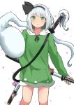  1girl alternate_costume bangs collarbone cropped_legs drawstring expressionless eyebrows_visible_through_hair flower green_eyes green_hoodie hand_on_hilt highres hood hood_down hoodie konpaku_youmu konpaku_youmu_(ghost) medium_hair mizune_(winter) parted_lips petals scabbard sheath silver_hair simple_background solo standing sword touhou weapon white_background 