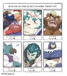  agyou animal_crossing anthro ashigara asian_mythology bottomless canid canine canis clothed clothing crossed_arms curt_(animal_crossing) domestic_dog east_asian_mythology facial_hair foo_dog green_hair group hair human japanese_mythology komainu male mammal mohawk_(hairstyle) muscular muscular_male mustache mythology navel nintendo overweight six_fanarts_challenge tetsuo_oshiba tokyo_afterschool_summoners unknown_character ursid video_games yōkai 
