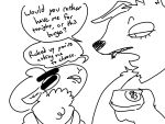  4:3 anthro betty_(weaver) bovid canid canine canis caprine cigarette dialogue duo english_text female fur male mammal monochrome pack_street remmy_cormo sheep simple_background speech_bubble text the_weaver wolf wool_(fur) 