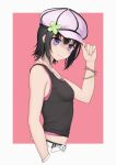  1girl adjusting_clothes adjusting_hat anarchojs bare_shoulders belt black_hair black_tank_top blush boku_wa_tomodachi_ga_sukunai breasts casual clover commentary_request from_side hair_between_eyes hand_up hat highres jewelry medium_hair midriff mikazuki_yozora necklace pink_background pink_camisole pink_headwear purple_camisole purple_eyes simple_background small_breasts smile solo tank_top upper_body white_background white_belt 