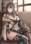  1girl asymmetrical_gloves asymmetrical_legwear black_gloves black_legwear black_panties bookshelf breasts brown_eyes brown_hair cleavage commentary couch gauntlets gloves granblue_fantasy hair_ornament hairpin highres large_breasts light_smile long_hair looking_at_viewer panties shura_(granblue_fantasy) side-tie_panties single_gauntlet single_glove sitting solo sunlight thighs tranquility_of_nature underwear very_long_hair window 