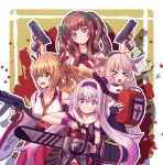  &gt;_&lt; .live ak-47 assault_rifle blonde_hair breasts brown_hair carro_pino chainsaw cleavage collarbone commentary_request dual_wielding first_aid_kit grin gun handgun headband highres holding kakyouin_chieri kongou_iroha konsome large_breasts left_4_dead_2 looking_at_viewer mokota_mememe pistol purple_hair rifle smile virtual_youtuber weapon 