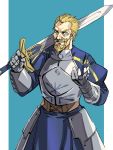  1boy armor armored_dress artoria_pendragon_(all) askeladd beard blonde_hair blue_background blue_dress blue_eyes breastplate cosplay crossdressing dress facial_hair fate/stay_night fate_(series) faulds gauntlets grin highres holding holding_sword holding_weapon juliet_sleeves long_sleeves looking_at_viewer male_focus over_shoulder puffy_sleeves ruukii_drift saber saber_(cosplay) sanpaku smile solo standing sword sword_over_shoulder vinland_saga weapon weapon_over_shoulder 