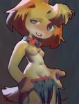  4_fingers animal_crossing anthro breasts clothed clothing digital_media_(artwork) female fingers fur hair hi_res isabelle_(animal_crossing) jewelry necklace nintendo nipples open_mouth simple_background smile solo standing stealthnachos teeth topless video_games 