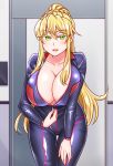  1girl artoria_pendragon_(all) artoria_pendragon_(lancer) ass_visible_through_thighs bangs biker_clothes bikesuit blonde_hair bodysuit braid breasts cleavage cowboy_shot eyebrows_visible_through_hair fate/grand_order fate_(series) french_braid full-length_zipper green_eyes hair_between_eyes jumpsuit long_hair mabo-udon ponytail racing_suit sidelocks skin_tight smile solo swept_bangs unzipping zipper 