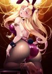  1girl animal_ears ass back bangs blonde_hair blush breasts bunny_ears bunny_tail bunnysuit detached_collar earrings ereshkigal_(fate/grand_order) fate/grand_order fate_(series) fishnet_legwear fishnets gradient gradient_background high_heels highleg highleg_leotard infinity jewelry large_breasts leotard long_hair looking_at_viewer looking_back mukunokino_isshiki open_mouth parted_bangs purple_leotard red_eyes solo tail thighs two_side_up wrist_cuffs 