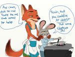  2016 anthro apron canid canine clothing cooking cookware dialogue disney duo english_text female fox frying_pan fur grey_body grey_fur judy_hopps kitchen_utensils lagomorph leporid male mammal nick_wilde open_mouth open_smile orange_body orange_fur rabbit red_fox simple_background smile speech_bubble text tools trashasaurusrex white_background zootopia 