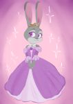  2016 absurd_res anthro clothed clothing crown disney dress fully_clothed fur grey_body grey_fur hi_res irlsealpup judy_hopps lagomorph leporid mammal purple_background purple_eyes rabbit simple_background smile solo sparkles tiara zootopia 
