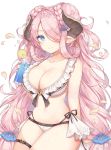  1girl ayuanlv bare_shoulders bikini blue_eyes braid braided_bun breasts cleavage cloud collarbone cup double_bun draph drinking_glass drinking_straw frilled_bikini frills granblue_fantasy hair_bun hair_over_one_eye holding horns large_breasts long_hair looking_at_viewer multi-strapped_bikini narmaya_(granblue_fantasy) navel petals pink_hair pointy_ears sidelocks simple_background solo stomach swimsuit thigh_strap thighs very_long_hair white_background white_bikini 